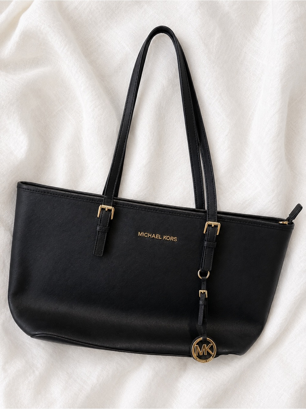 Michael Kors Black Leather Tote with Gold Hardware